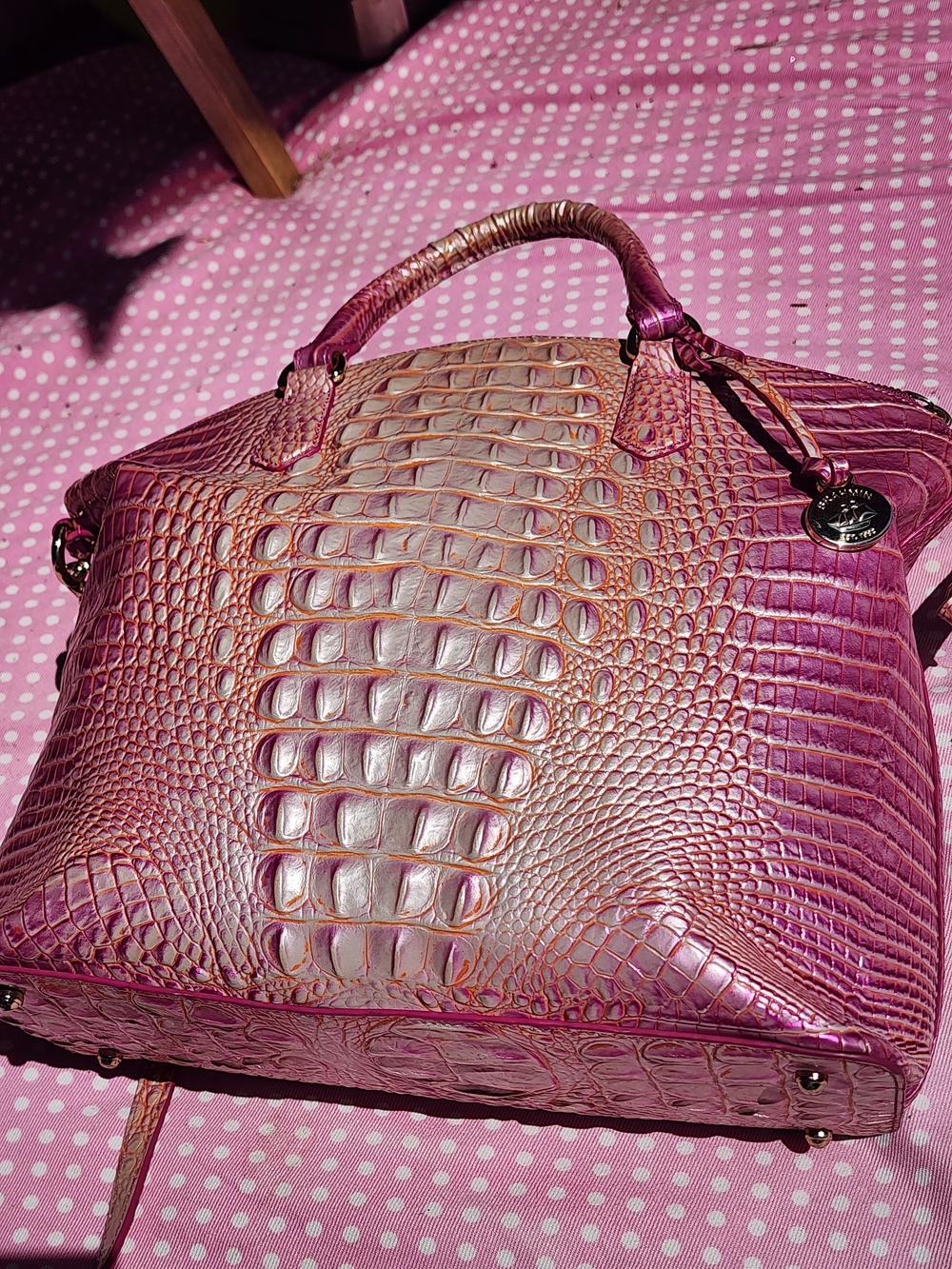 Bright Pink Croc-Embossed Satchel Bag - BRAHMIN